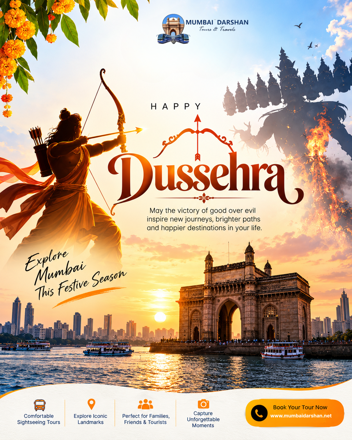✨ Happy Dussehra from Mumbai Darshan Tours & Travels! 🏹